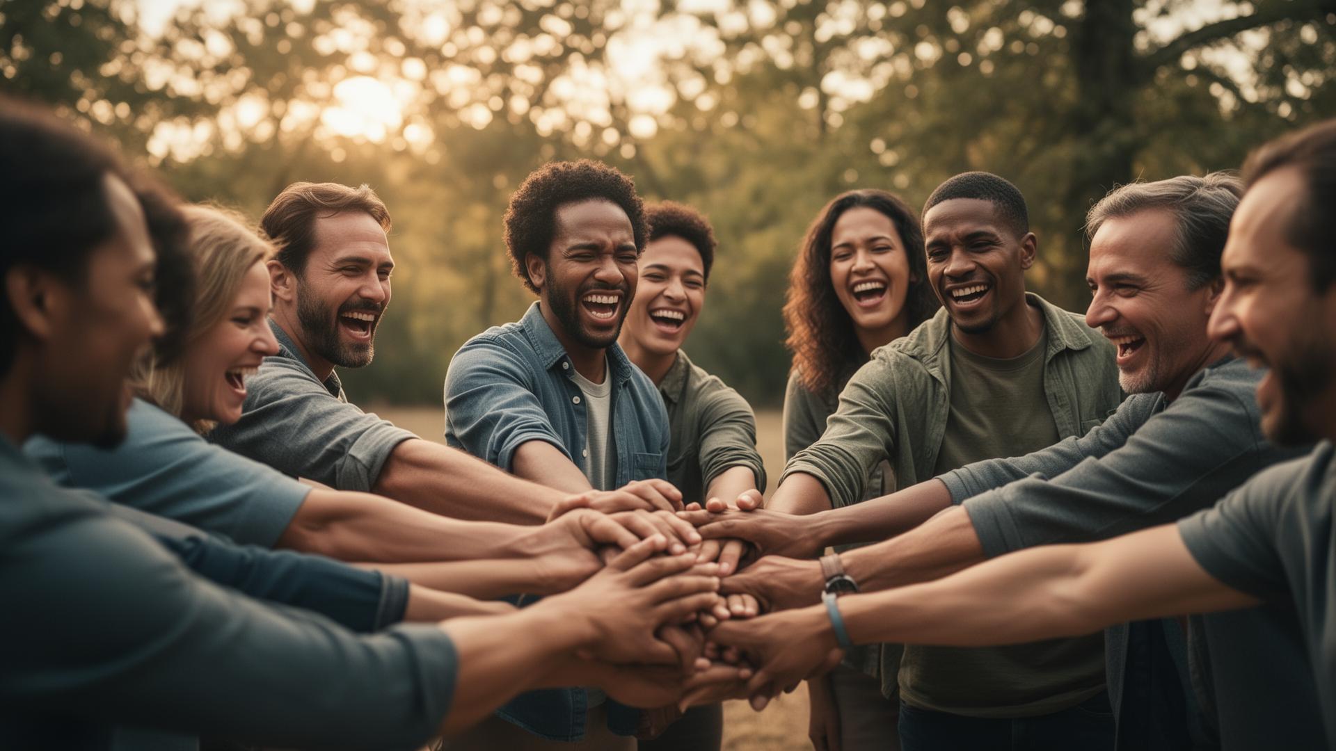 Grupo a realizar atividade cooperativa ao ar livre